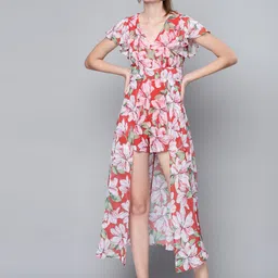 SASSAFRAS Coral Red & Green Floral Printed Layered Jumpsuit-21