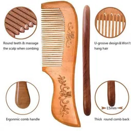 FEELHIGH Set Of 3 Neem Wood Broad Tooth Anti-Dandruff Combs - Brown image 3