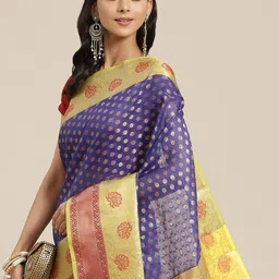Silk Land Navy Blue & Yellow Ethnic Motifs Zari Art Silk Kanjeevaram Saree-image-15