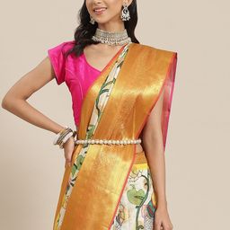 Silk Land White & Orange Ethnic Motifs Zari Art Silk Banarasi Saree-picture-27