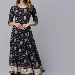 Divena Women Blue Floral Printed Gotta Patti Pure Cotton Anarkali Kurta-53