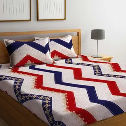Arrabi Beige & Red Geometric 300 TC King Bedsheet with 2 Pillow Covers-13
