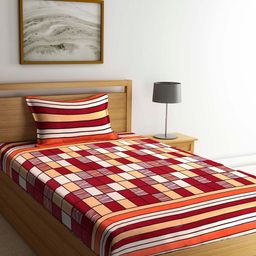 Arrabi Red & Orange Geometric 130 TC Single Bedsheet with 1 Pillow Covers-10
