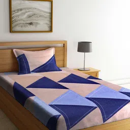 Arrabi Blue & Peach-Coloured Geometric 130 TC Single Bedsheet with 1 Pillow Covers-52