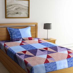 Arrabi Blue & Red Geometric 130 TC Single Bedsheet with 1 Pillow Covers-3