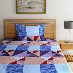 Arrabi Blue & Red Geometric 130 TC Single Bedsheet with 1 Pillow Covers image 4