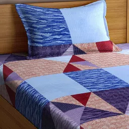 Arrabi Blue & Red Geometric 130 TC Single Bedsheet with 1 Pillow Covers image 2