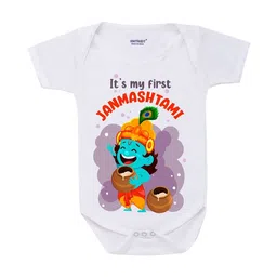 KNITROOT Kids White My First Janmashtami Rompers-image-5