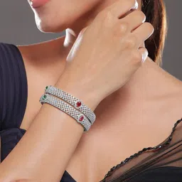 Rubans Set of 2 Rhodium-Plated Ruby Emerald and Cubic Zirconia Studded Premium Bangles-5