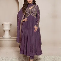 Trendmalls Floral Embroidered Pleated Sequinned Silk Chiffon Kurta With Trousers & Dupatta-23