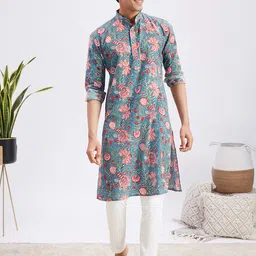 VASTRAMAY Men Floral Printed Regular Kantha Work Pure Cotton Kurta with Trousers-49