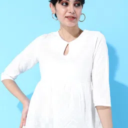 Vishudh White Ethnic Motifs Printed Keyhole Neck Pure Cotton Empire Top-14