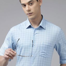 Arrow Men Blue & White Manhattan Slim Fit Checked Pure Cotton Formal Shirt-picture-36