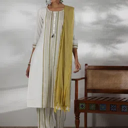 Libas Striped Woven Design Three-Quarter Sleeves Pure Cotton Kurta & Trousers With Dupatta-image-90