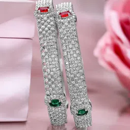 Rubans Set of 2 Rhodium-Plated Ruby Emerald and Cubic Zirconia Studded Premium Bangles image 2