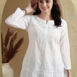ADA Women Plus Size White Chikankari Embroidered Pure Cotton Kurti-image-65