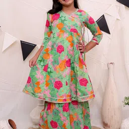 Ka-mee Girls V-Neck Floral Printed Panelled Pure Cotton A-Line Kurta with Sharara-image-78