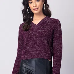 FabAlley Purple Cable Knit Self Design Acrylic Crop Pullover Sweater-16