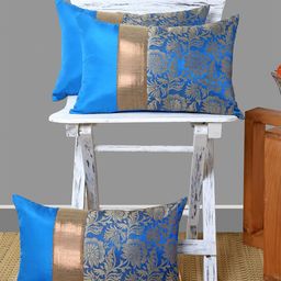 ANS Turquoise Blue & Gold-Toned Set of 3 Floral Rectangle Cushion Covers-14
