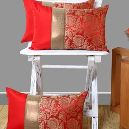 ANS Red & Gold-Toned Set of 3 Floral Rectangle Cushion Covers-9
