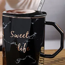 BonZeaL Black & Mauve Printed 3D Ceramic Glossy Mug with Lid Spoon 350ml-33