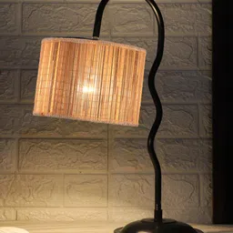 Devansh Beige & Black Textured Bamboo Zig Zag Curvy Table Lamp With Iron Base-9