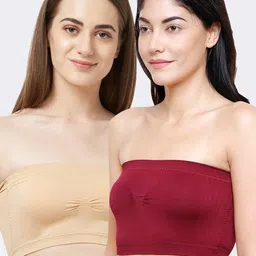 FashionRack Maroon & Beige Lightly Padded Non-Wired Bandeau Bra-49