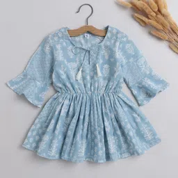 The Magic Wand Girls Floral Printed Tie-Up Neck Bell Sleeve Pure Cotton Cinched Waist Top-image-45