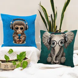 STITCHNEST Set of 2 Green & Blue Cartoon Characters Square Cushion Covers-18