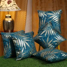 HOSTA HOMES Blue & Gold-Toned 5 Pieces Floral Velvet Square Cushion Covers-image-16