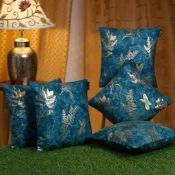 HOSTA HOMES Blue & Gold-Toned 5 Pieces Floral Velvet Square Cushion Covers-13