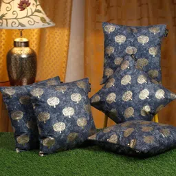 HOSTA HOMES Blue & Gold-Toned 5 Pieces Floral Velvet Square Cushion Covers-image-36