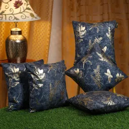 HOSTA HOMES Blue & Gold-Toned 5 Pieces Floral Velvet Square Cushion Covers-image-84