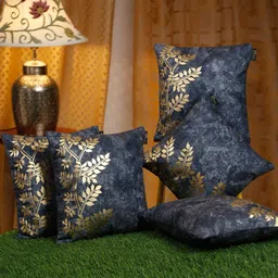 HOSTA HOMES Blue & Gold-Toned 5 Pieces Floral Velvet Square Cushion Covers-image-41