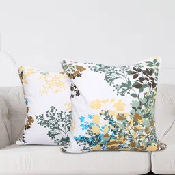 SWAYAM White & Peach-Coloured Set of 2 Ethnic Motifs Square Cushion Covers-0