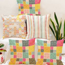 STITCHNEST Yellow & Off White Set of 5 Ethnic Motifs Square Cushion Covers-16