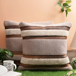 ROMEE Brown & Beige 2 Pieces Striped Square Cushion Covers-picture-3