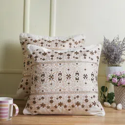 eyda Set of 2 Cream-Coloured & Brown Embellished Cotton Square Cushion Covers-4
