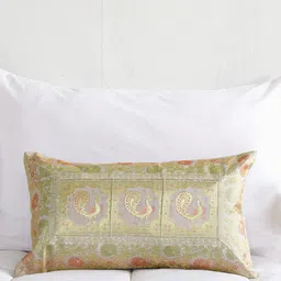 HANDICRAFT PALACE Grey & Gold-Toned Ethnic Motifs Brocade Silk Rectangle Cushion Cover-image-34