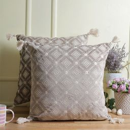 eyda Grey & White Set of 2 Embroidered Velvet Square Cushion Covers-17