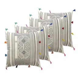 Contrast Living Off White & Black 4 Pieces Geometric Printed Cotton Square Cushion Covers-8