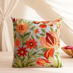 JAYPORE White & Green Floral Embroidered Cotton Silk Square Cushion Cover-picture-18