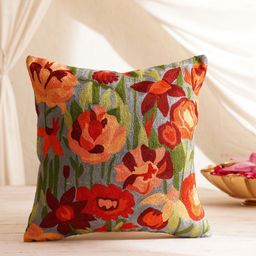 JAYPORE Grey & Red Floral Embroidered Cotton Silk Square Cushion Cover-39
