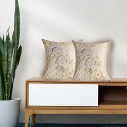 Tasseled Home Gold-Toned & Grey 2 Pcs Ethnic Motifs Printed Velvet Square Cushion Covers-image-46