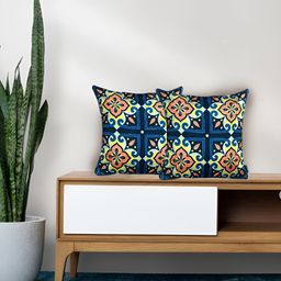 Tasseled Home Blue & Yellow 2 Pcs Geometric Velvet Square Cushion Covers-image-90