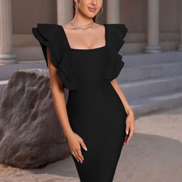 Kotty Black Square Neck Flutter Sleeves Bodycon Dress-image-95