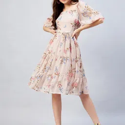 RARE Beige Floral Chiffon Dress-image-15