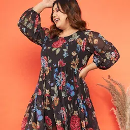 SASSAFRAS Curve Floral Printed Tiered Chiffon Dress-image-80