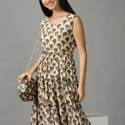 SHOWOFF Beige Ethnic Motifs Cotton Dress-image-50