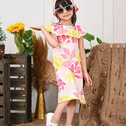 LilPicks Girls Floral Printed Cape Sleeve Cotton A-Line Dress-57
